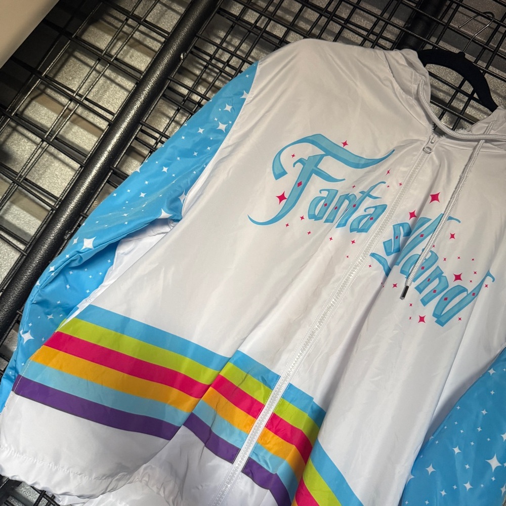 disney Windbreaker jacket 2x white hooded jacket rainbow fantasyland A7 - Picture 2 of 5